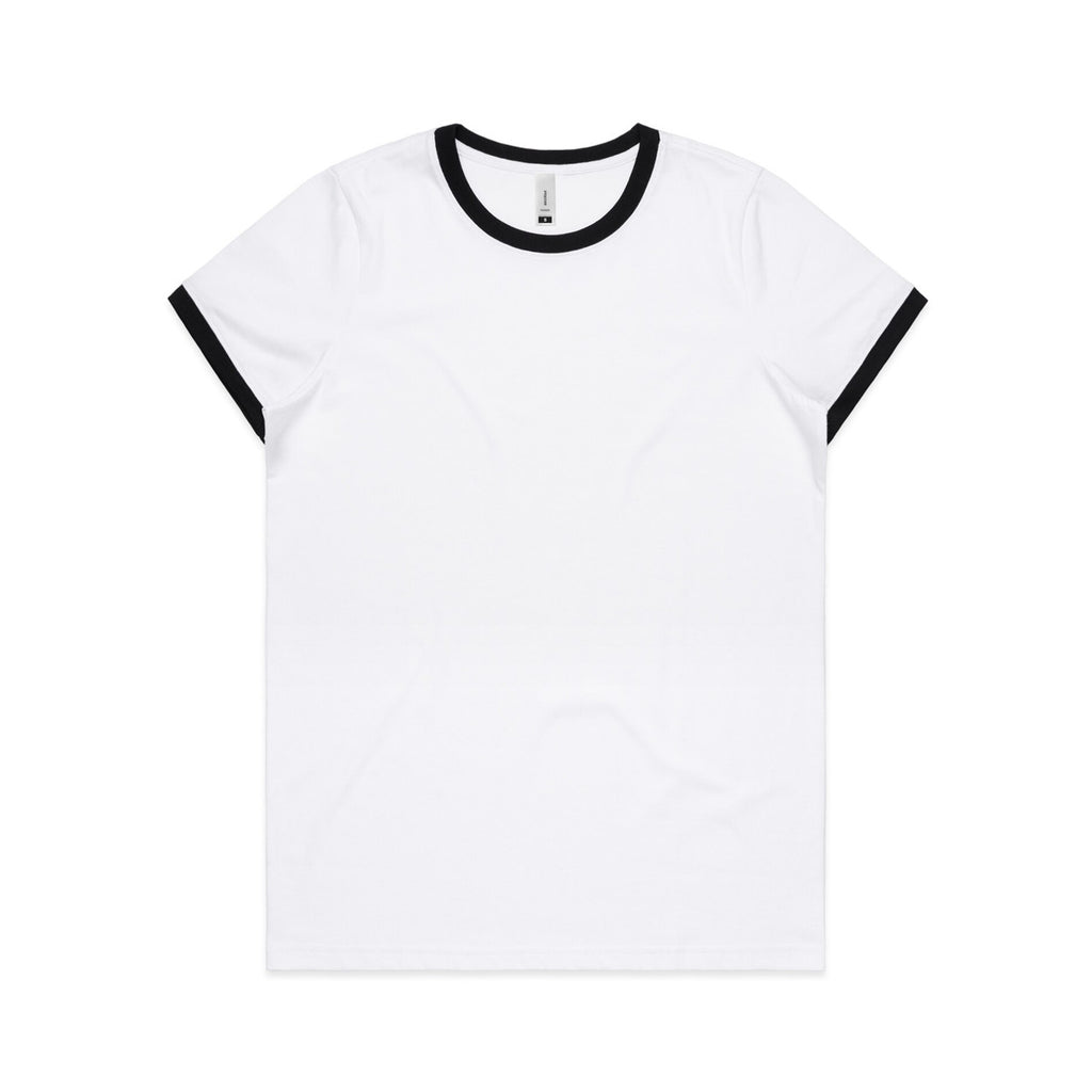 White t-shirt with black ringer sleeves on a white background