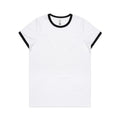 White t-shirt with black ringer sleeves on a white background