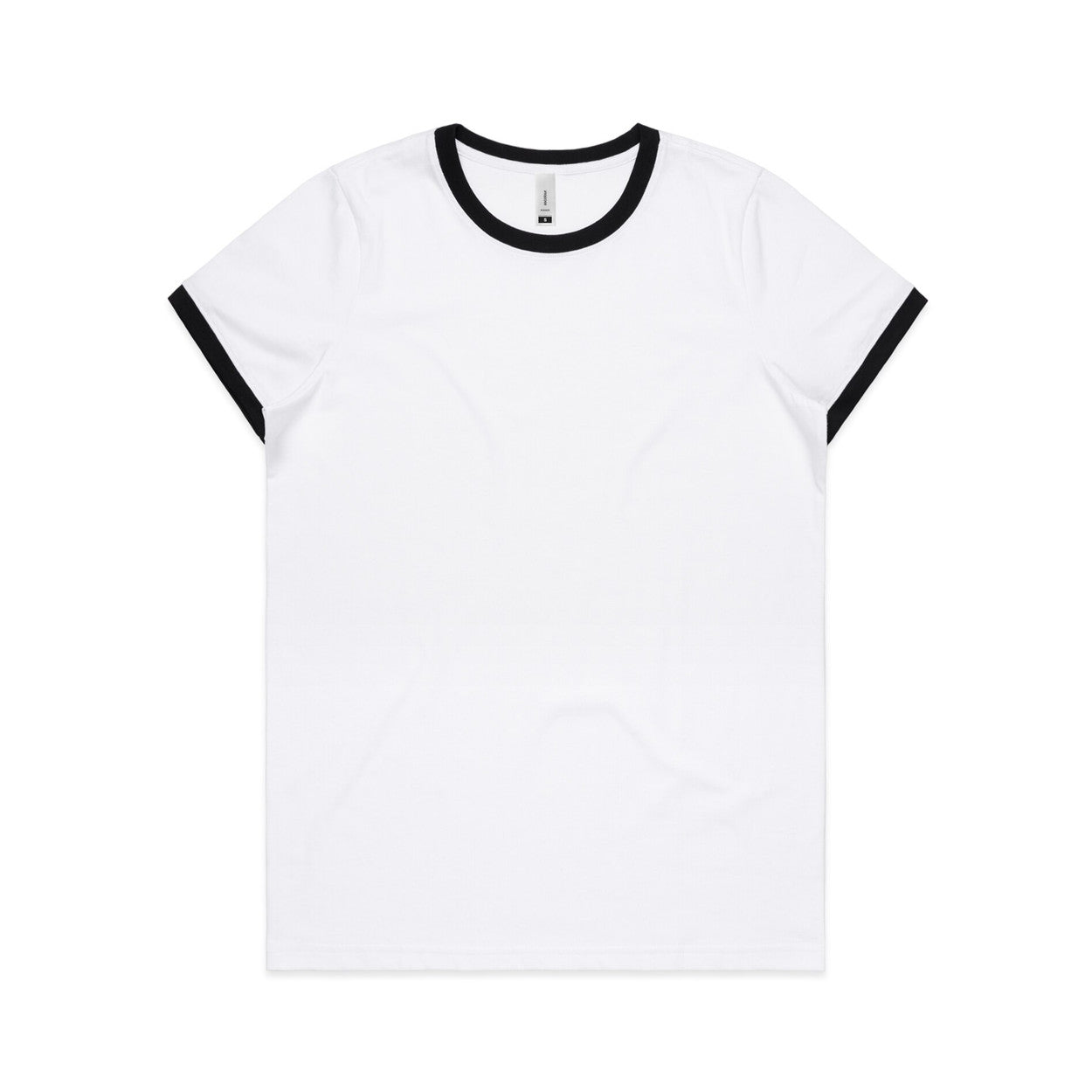 White t-shirt with black ringer sleeves on a white background