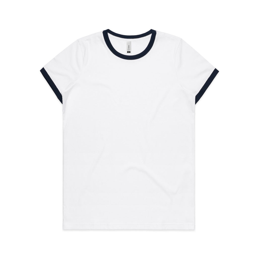 White t-shirt with Navy trim on a white background