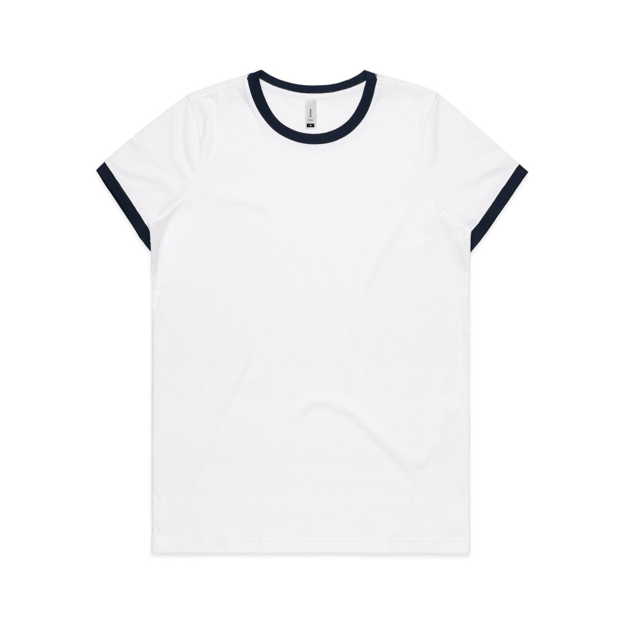 White t-shirt with Navy trim on a white background