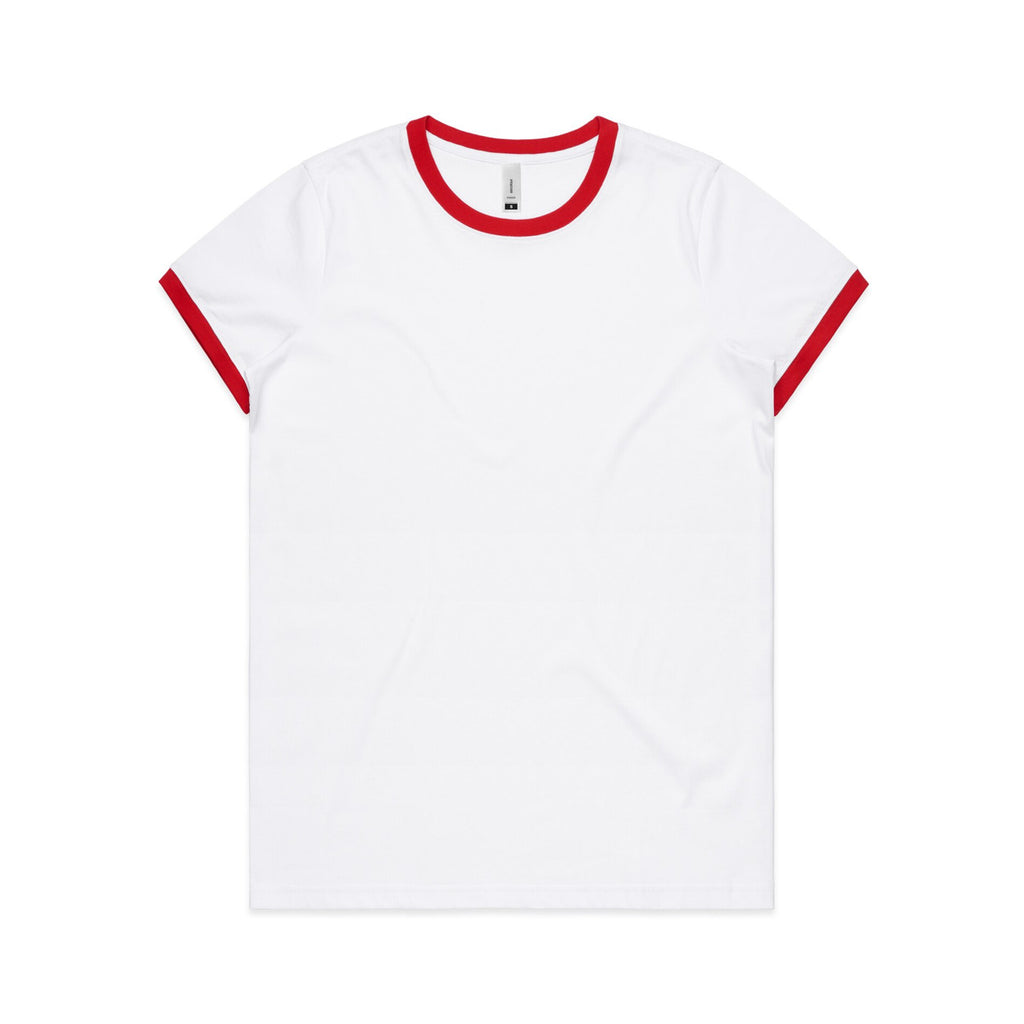 White t-shirt with red trim on a white background