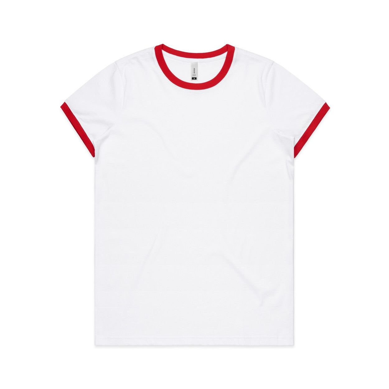 White t-shirt with red trim on a white background